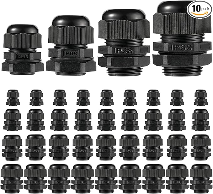 PENGLIN Cable Glands NPT Nylon Cable Connector, Strain Relief Cord Connector, IP68 Waterproof Adjustable Locknut(1/4" 1/2" 3/4" 1" Glands Combo (40Pack))