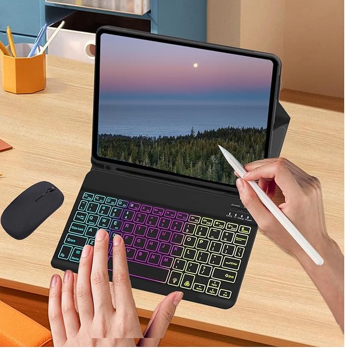 Keyboard Case for Samsung Galaxy Tab S10 FE / S9 FE 10.9 inch/Tab S9 / S8 / S7 11 inch - with 3 Color Backlit Mouse Detachable Keyboard Case