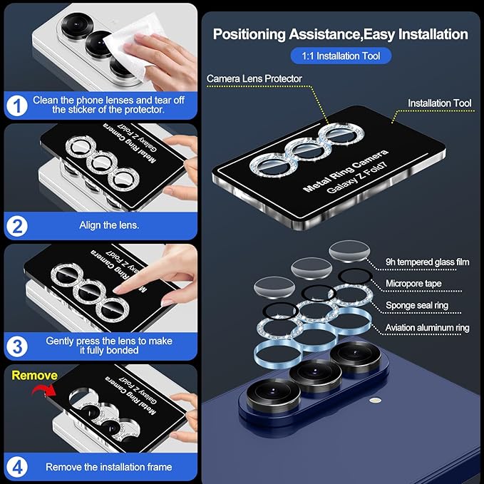 for Samsung Galaxy Z Fold 7 Camera Lens Protector, Individual Metal Ring Tempered Glass Lens Cover, [Strong Adsorption] Scratch Resistant Ultra-Thin HD Clear Lens Cover, 1 Set-Blue Diamond
