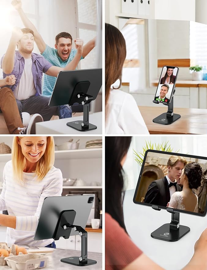 OCYCLONE Cell Phone Stand + 2 PCS Cable Organizer, Angle Height Adjustable iPhone Stand for Desk, Foldable Cell Phone Holder Tablet Stand Compatible with 4.7"-13" Phone Tablet