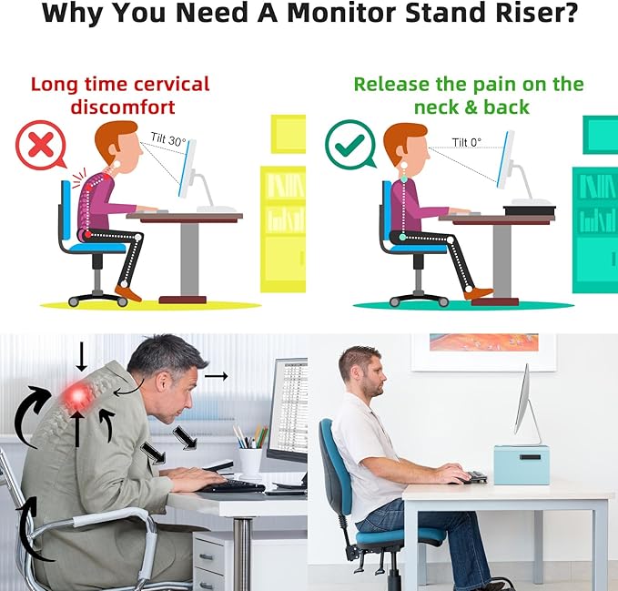 Marbrasse Monitor Stand Riser, 16.5 Inch 2 Tier Computer Printer Shelf Stand for Laptop Computer Screen Storage, Desktop Stand with Phone Holder and Cable Management (Blue)