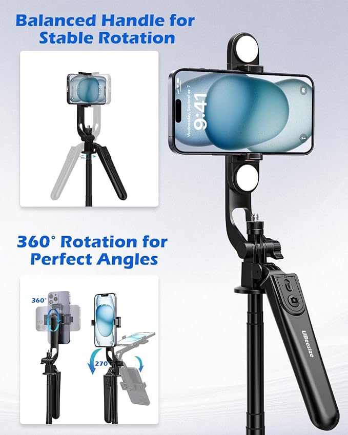 UBeesize 64'' Extendable Phone Tripod & Selfie Stick with Light and Remote, Adjustable Tripod Stand for iPhone 11-16, Android, GoPro, Cameras, Travel Vlogging & Video Recording