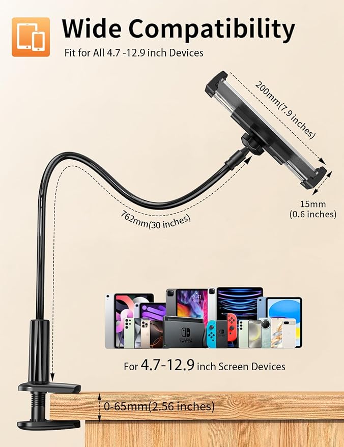 Tablet Stand, Kindle Holder for Reading in Bed, [Flexible Long Arm Gooseneck] [Anti-Slip] [Hands Free]Phone Holder for Bed Desk, i pad Stand for Fire/i pad/iPhone/Switch/Tablet Devices (4.7''-12.9'')