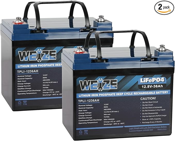 WEIZE 12V 36Ah LiFePO4 Lithium Battery, Grade A Cells Built in BMS Low Temperature Protection Deep Cycle Battery, 2000+ Life Cycles, Perfect for Marine, Kids Scooters, Power Wheels (2 Packs)