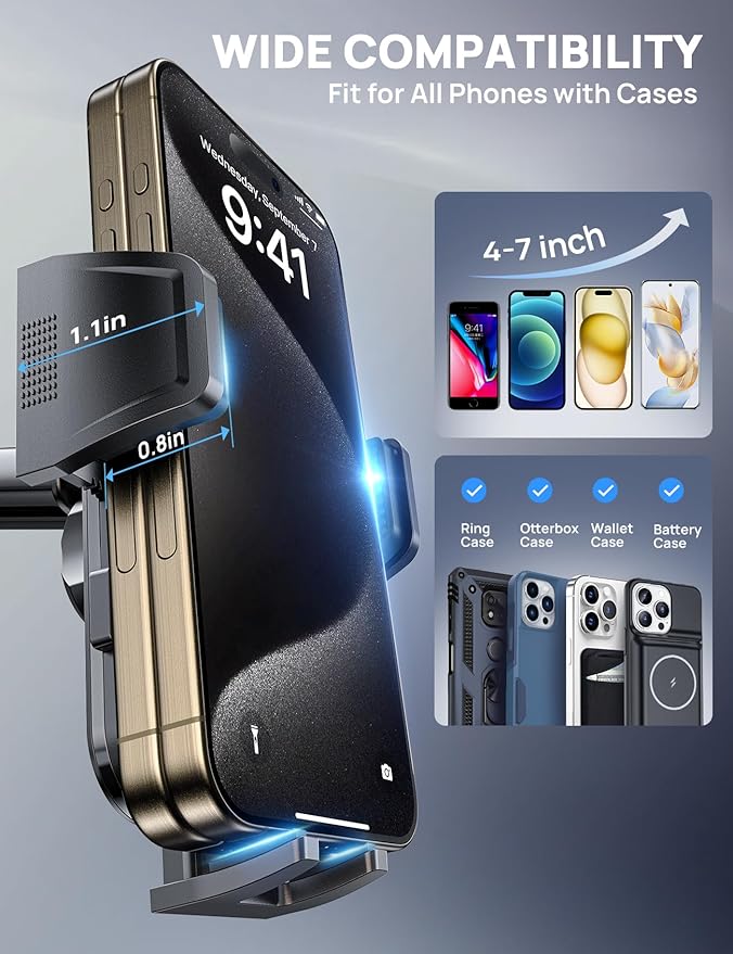 [2025 New] Dashboard Phone Holders for Your Car (+Air Vent Clip) [Military Grade Stable] , Car Cell Phone Holder, Rotatable Suction Cup Car Phone Mount for All Phone (Light Grey)