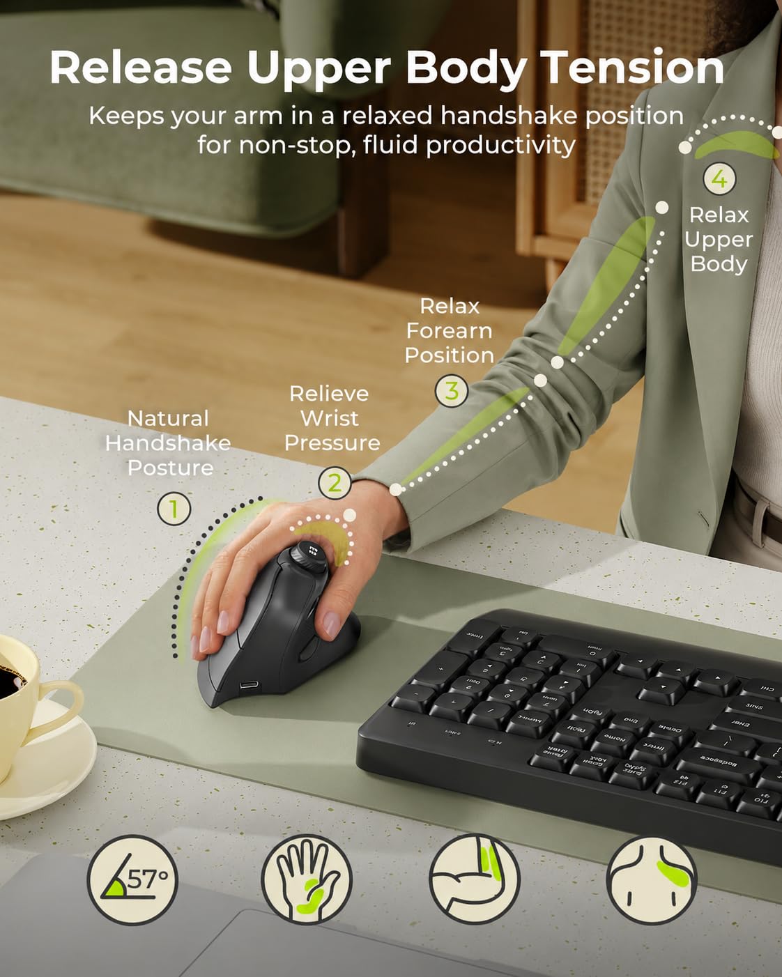 seenda Ergonomic Mouse Wireless, MOU-302 Bluetooth Vertical Mice Silent