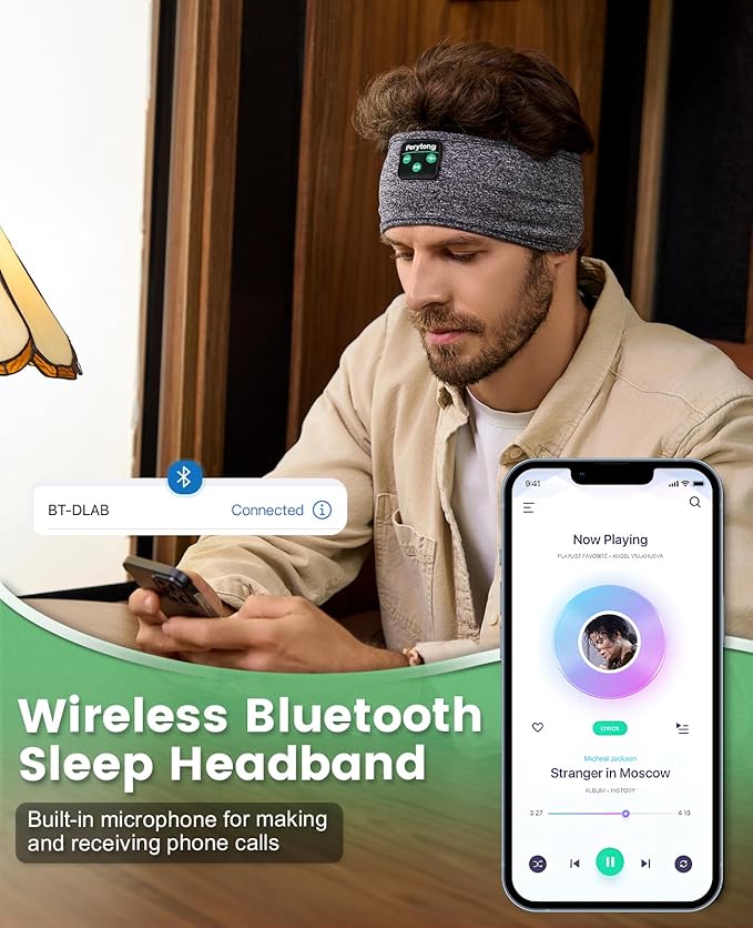Perytong Sleep Headphones, Bluetooth Sports Headband Headphones with Ultra-Thin HD Stereo Speakers Perfect for Sleeping,Workout,Jogging,Yoga,Insomnia, Air Travel, Meditation