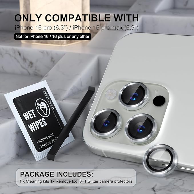 Choiche Compatible for iPhone 16 Pro/iPhone 16 Pro Max Camera Lens Protector, 9H Tempered Glass Camera Cover Screen Protector Metal Ring Decoration Accessories (Silver)