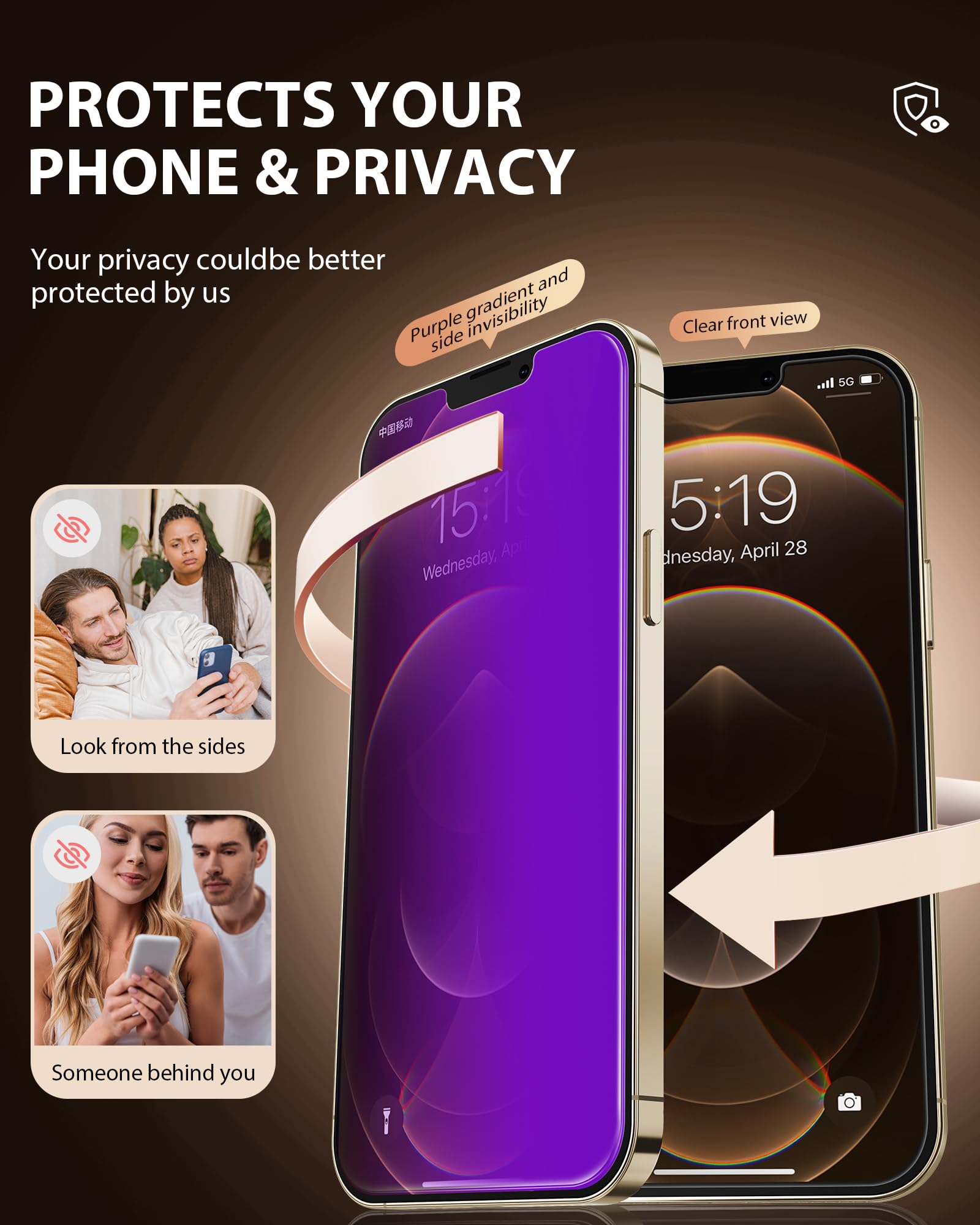 PDDKISS Compatible for iPhone 12 Pro Max Privacy Screen Protector 6.7 Inch, Purple Gradient Colorful Anti Spy Anti Blue Light HD Screen Protector Tempered Glass Easy Installation