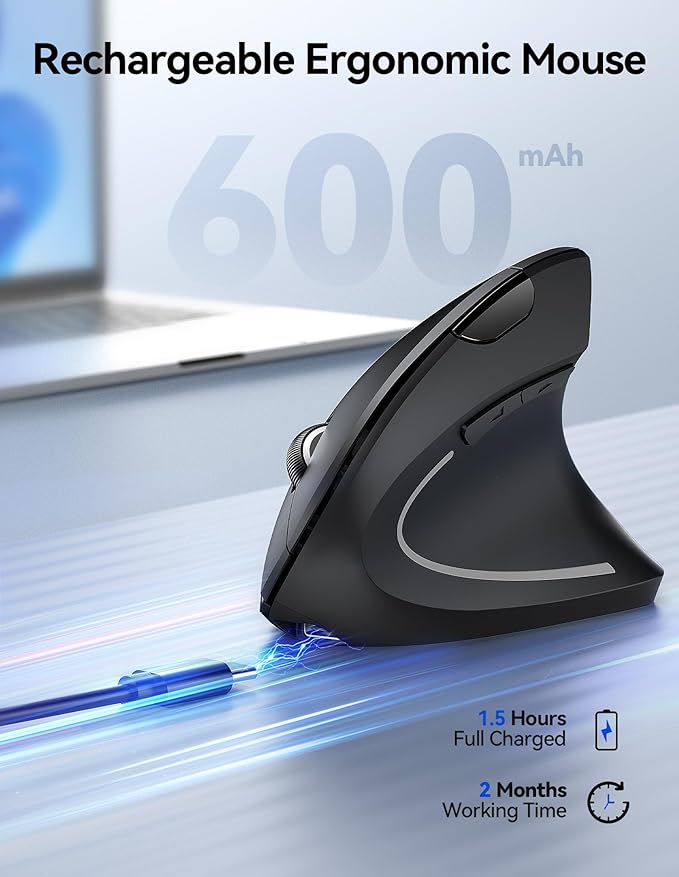 TECKNET Ergonomic Mouse Wireless, Rechargeable Mouse Wireless Silent for Carpal Tunnel Right Hand, 2.4GHz USB Vertical Mouse Wireless for Laptop, 5 Adjustable 4800 DPI, Computer, MacBook, Desktop