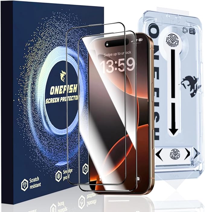 OneFish Full Edge Coverage Tempered Glass Screen Protector for IPhone 15 Pro Max 6.7 inch,2 Pack Edge Reinforcement, Self-Aligning Installation, Case Friendly HD Screen Protectors