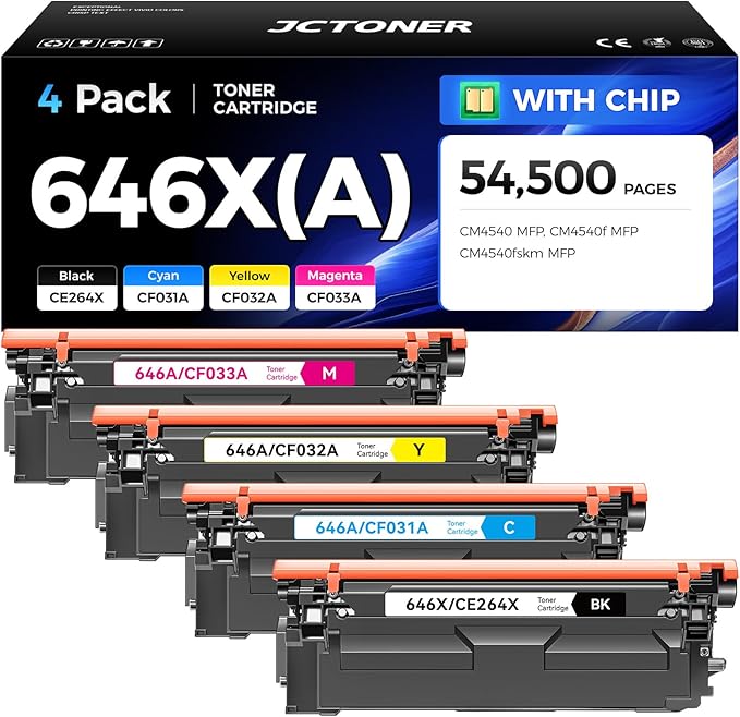 646X 646A Toner Cartridge Set 4-Pack High Yield Replacement for 646X 646A CE264X CF031A CF032A CF033A Compatible with HP Color Laserjet Enterprise CM4540 MFP CM4540f MFP CM4540fskm Printer Ink Copier