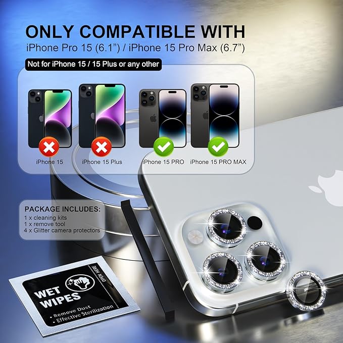 Choiche Compatible for iPhone 15 Pro/iPhone 15 Pro Max Camera Lens Protector Bling, 9H Tempered Glass Camera Cover Screen Protector Metal Ring Decoration Accessories (Glitter-Silver)