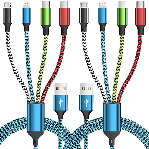 Travel Essentials Dual Type-C 4 in 1 Charging Cable 2 Pack 5FT Multi Charging Cables for All Devices,Universal USB Cable Adapter 2 USB-C/IP/Micro Port for Cell Phones Tablets Samsung Galaxy PS & More