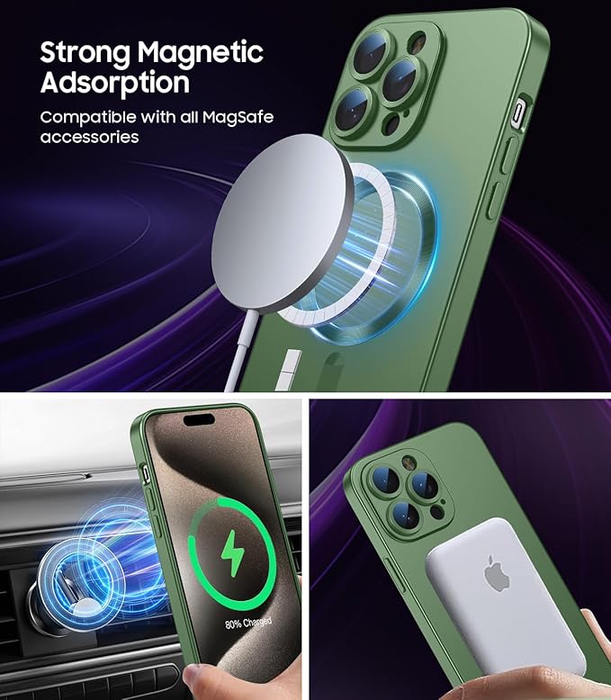 Magnetic for iPhone 15 Pro Case [Compatible with MagSafe][Built-in Camera Lens Protector] Slim Soft Silicone Bumper Shockproof Metallic Shine Phone Case (Green)