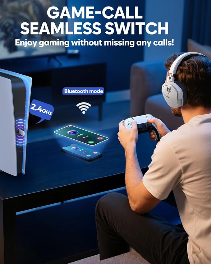NUBWO Wireless Gaming Headset, 5.3 Bluetooth Gaming Headphones for Ps5, Ps4 Fortnite & Call of Duty/FPS Gamers, PC, Ns, 2.4GHz Headphone with 100Hr Battery, Flip Noise Canceling Microphone - White