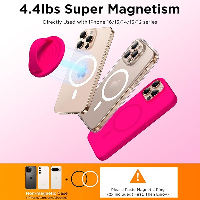 Magnetic Phone Ring Grip Holder, Silicone Finger Loop Grip, Compatible with MasSafe, Back of Phone for iPhone Pro Max/Plus/16/15/15/14/13/12 Series, Neon Pink