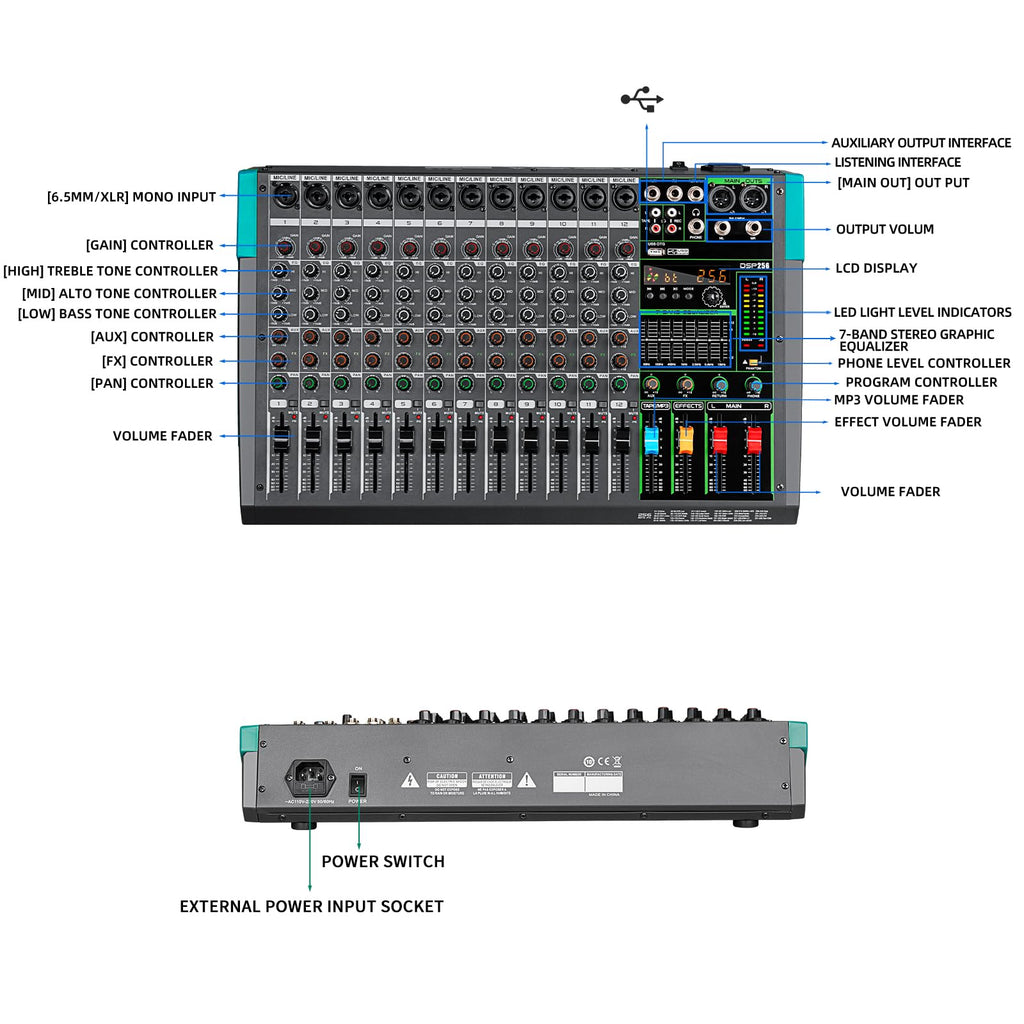 Depusheng PA12 Professional Audio Mixer Sound Board Console Desk System Interface 12 Channel Digital USB Bluetooth MP3 Computer Input 48V Phantom Power Built-in 256 Reverb Effect, Black