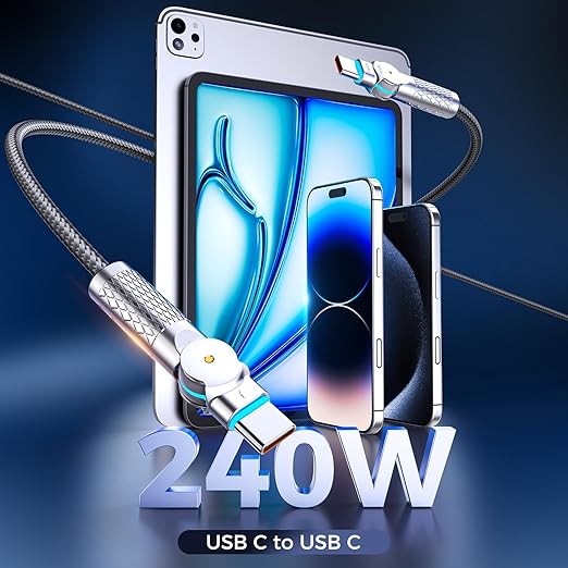 USB C to USB C Cable10ft,240W 2-Pack Braided 180°Rotating Type C Charging CableFast Charge for iPhone 16/16Pro/16Plus/16ProMax,MacBook Air,iPad Pro,Pixel,Samsung Galaxy S23/S24 Ultra-Light Grey