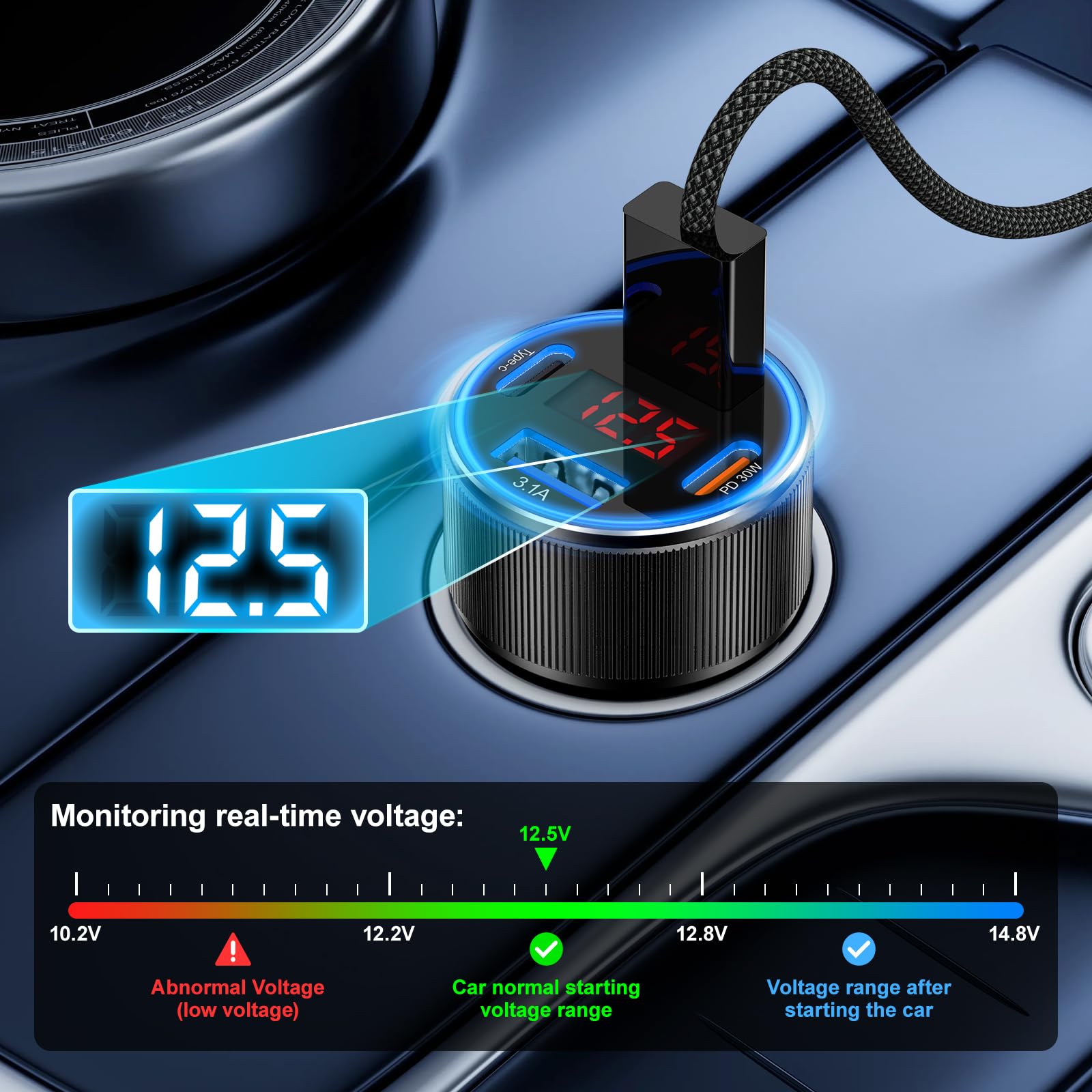 Car Charger USB C, Besgoods 4 Ports Cigarette Lighter USB Charger USB C Car Adapter PD/QC Fast Charging with Voltmeter for iPhone 17 16 15 14 13 12 Galaxy S24 S23 A54 A16 Android Dash Cam, 2Pack