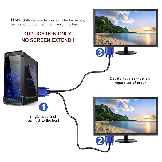 PASOW VGA Splitter Cable (No Screen Extension) 1 Male to 2 Male Dual Monitor Y Adapter 1080P Full HD for projectors, HDTVs, Monitors (6 Feet) - Only for Screen Duplication - Work for Identical Monitor