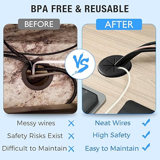 Desk Grommet 2-1/16" (53 mm), Desk Hole Cover for Cables White and Black, Cable Grommet ABS Plastic, Desk Hole Grommet for Office and Home Table Cable, Flexible Cable Cord Organizer-2 Pcs