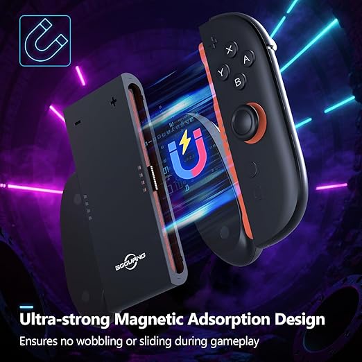 Switch 2 Joycon Charging Grip with Built-in 2000 mAH Battery, Super Magnetic Charger Handle for Nintendo Switch 2 Joycons, Ergonomic Controller Grips for Playing While Charging, Switch 2 Accessories Black (Built-in Battery Black)