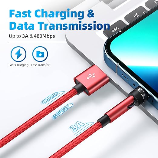540 Rotation Magnetic Charging Cable, 3 in 1 Phone Charger [4-Pack, 3ft/3ft/6ft/10ft] 3A Fast Charging & Data Transfer Cable for i-P/Micro USB/Type C Device - Red
