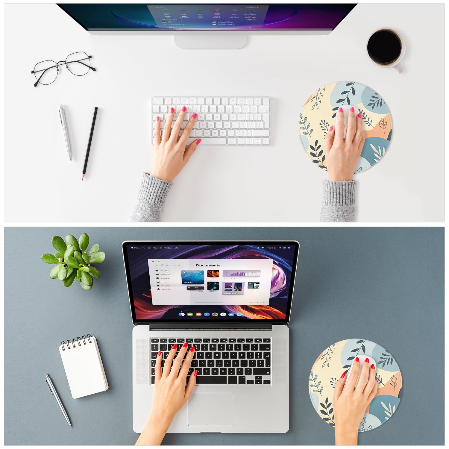 ITNRSIIET Mouse Pad Non-Slip Rubber Base Smooth Surface Stitched Edges Waterproof Durable Compatible with All Mice for Office & Gaming, Desk Accessory, Diameter 8.7 inch, VividFoliage