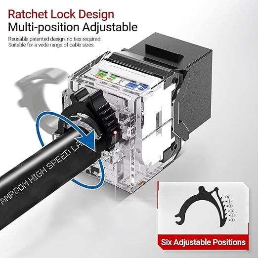 AMPCOM CAT6A UTP RJ45 Keystone Jack 50u Gold Plating Reusable Ethernet Wall Jack with Adjustable Ratchet Lock (No Tool and Zip Tie Required) - Black (12-Pack)