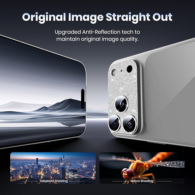 Hoerrye for iPhone 17 Pro Max Camera Lens Protector - [12FT Shatterproof Military Grade] [Strong Adsorption] Metal 9H+ Tempered Glass Camera Screen Full Cover Case Friendly,Glitter Silver