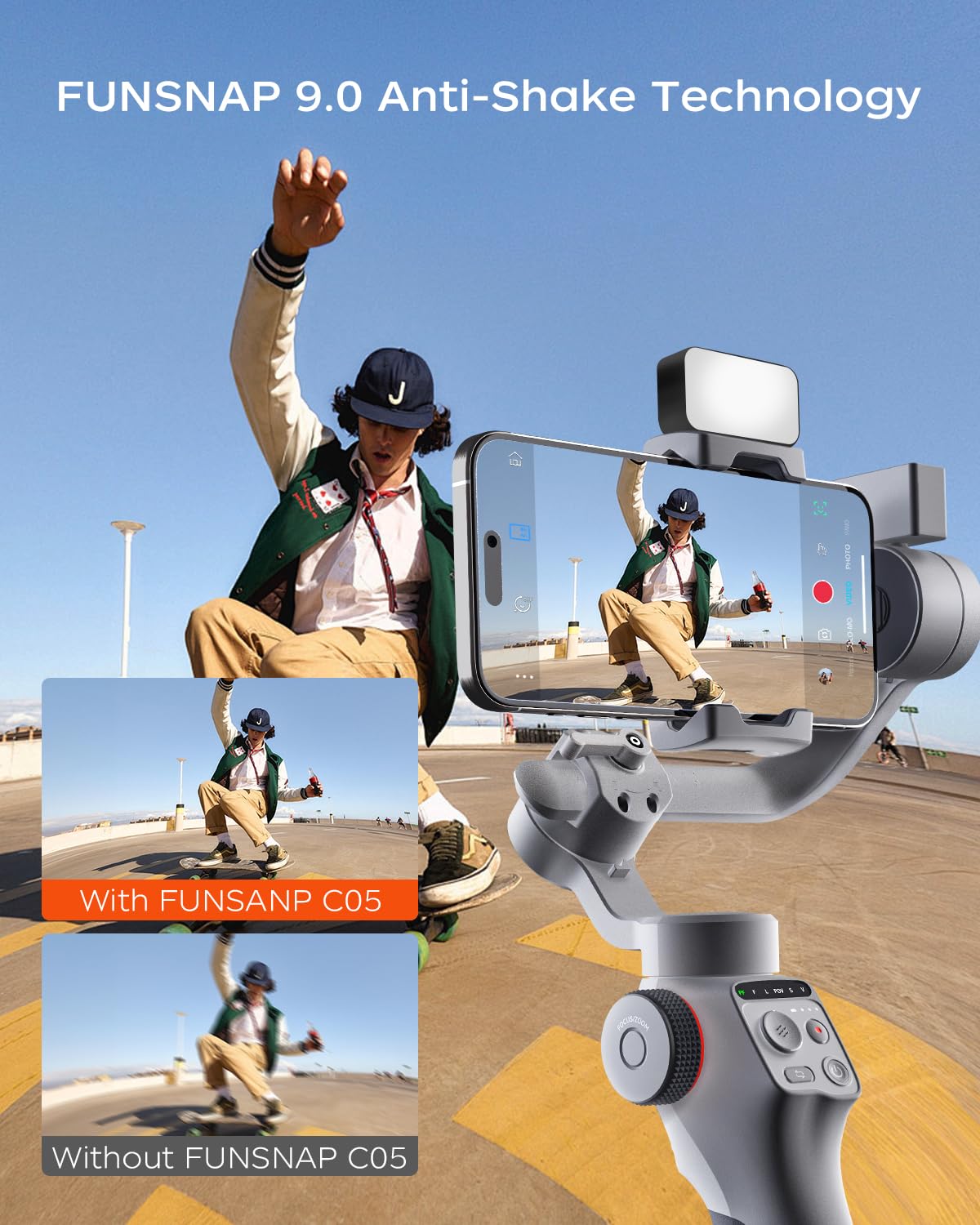 FUNSNAP Capture5 Gimbal Stabilizer for Smartphone, Magnetic AI Tracker Fill Light Remote Control 500g Payload, 3-Axis Phone Gimbal for Android & iPhone 16 15 Pro Max for Video Recording（Gray）
