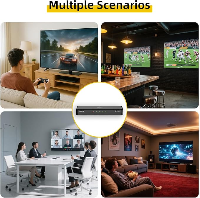 8K HDMI Splitter 1 in 4 Out, 1x4 Duplicate/Mirror Screens, HDMI 2.1, 8K@60Hz, 4K@240Hz (DSC), 4K@120Hz, Auto Downscaling, 48Gbps, HDCP 2.3, Compatible with Xbox, PS5, Blu-ray Player