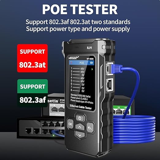 NOYAFA NF-8506 Network Cable Tester with RJ45 Crimp Tool, CAT5 CAT6 Network Tester, IP Scan, PoE Ping Test, Network Rate Test, Port Flashing, RJ45 RJ11 Ethernet Cable Tester with Crimper Stripper