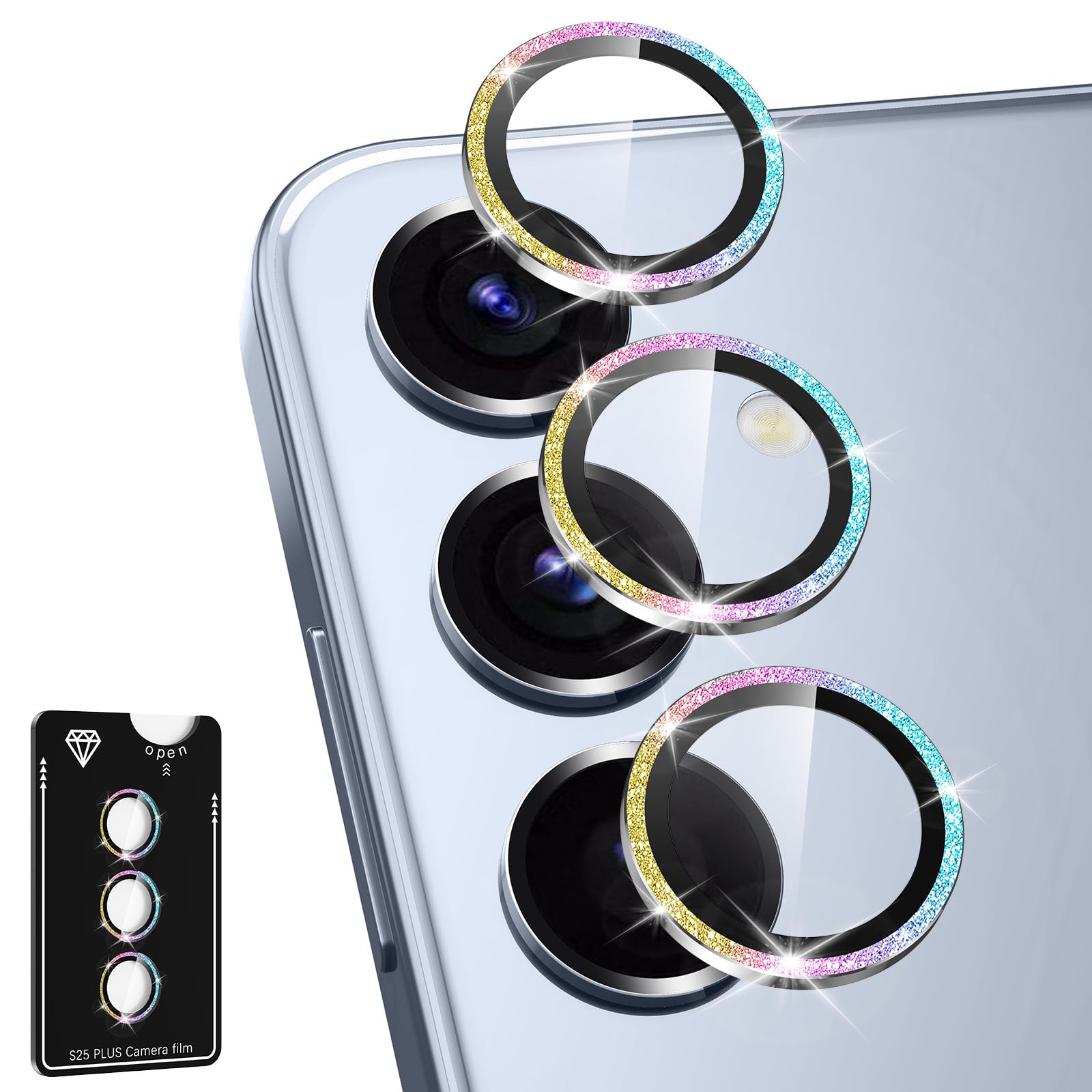 Avocase for Samsung Galaxy S25 Plus Camera Lens Protector, Individual Metal Ring Tempered Glass Lens Cover, [Strong Adsorption] Scratch Resistant Ultra-Thin HD Clear Lens Cover, 1 Set-Colorful Sparkly