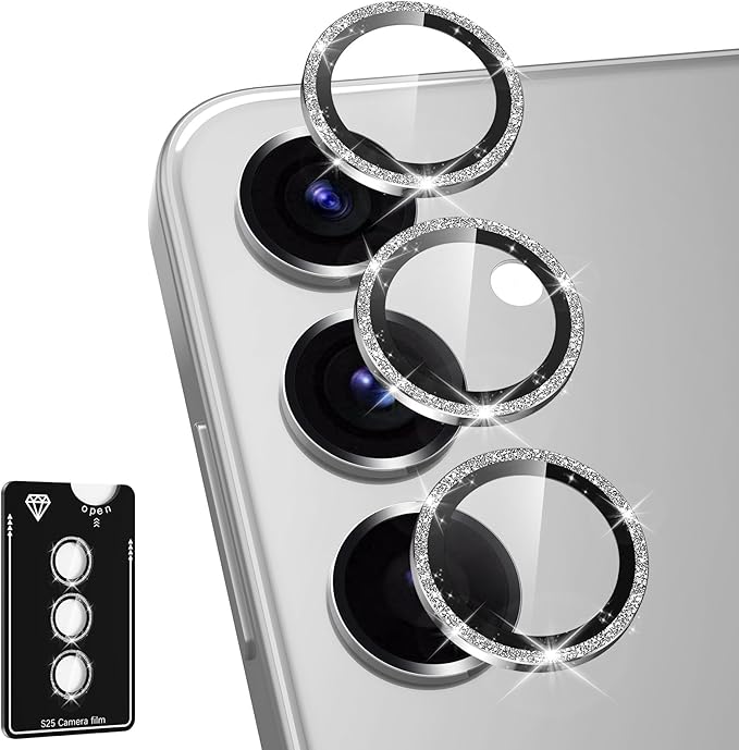for Samsung Galaxy S25 Plus Camera Lens Protector, Individual Metal Ring Tempered Glass Lens Cover, [Strong Adsorption] Scratch Resistant Ultra-Thin HD Clear Lens Cover, 1 Set-Silvery Sparkly