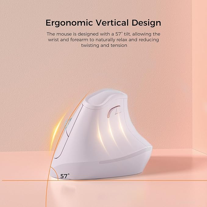 57° Ergonomic Wireless Tower Mouse, Vertical Quiet Ergo Mouse, Bluetooth(BT5.0,BT3.0)&2.4G, (800/1200/2400/2400/4000), 7 Buttons for Windows, macOS, iPadOS, Laptop, PC, Pink