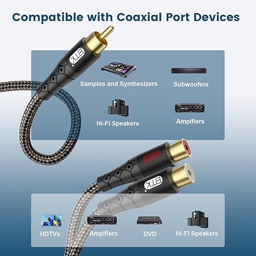 RCA Splitter Cable 1 Male to 2 Female Y Adapter with Copper Shell & 24K Gold-Plated Connector RCA Male to Dual RCA Female Extension Cord Black/1ft/0.3m