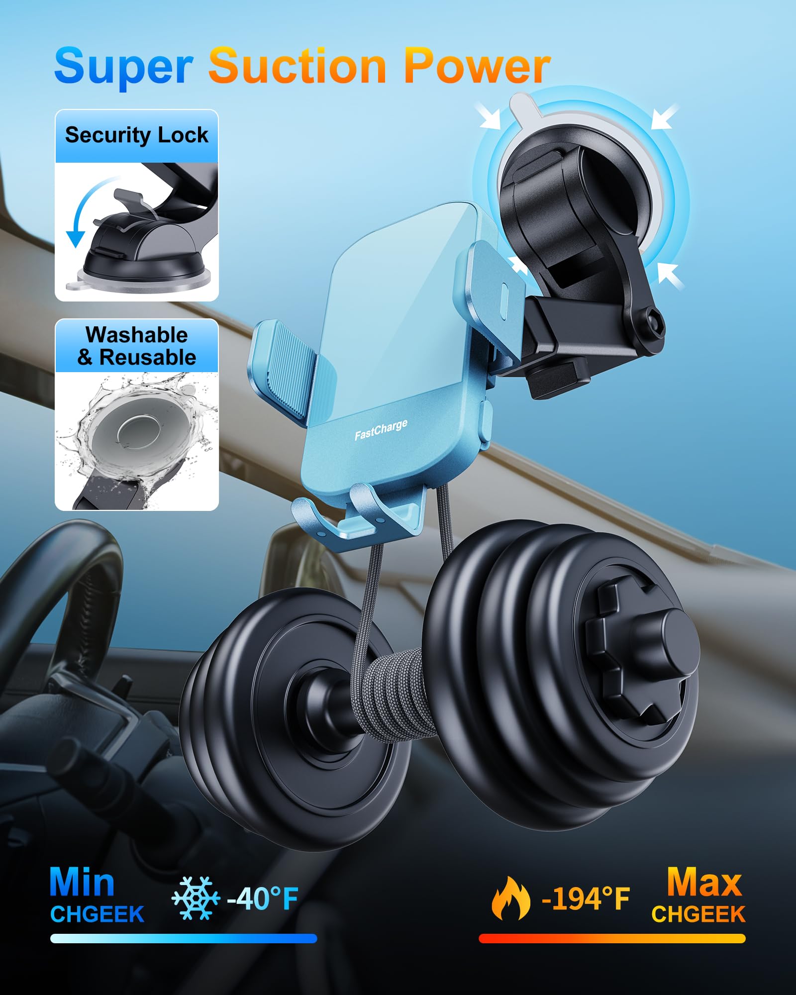 CHGeek Wireless Car Charger, 15W Fast Charging Auto Clamping Car Charger Phone Mount Phone Holder fit for iPhone 15 14 13 12 11 Pro Max Xs, Samsung Galaxy S24 Ultra S23 S22 S21, S20, S10+, Cyan