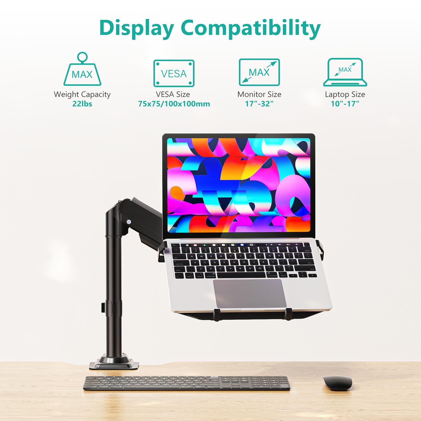WALI Laptop Desk Mount for 15.6 inch Notebook, Fully Adjustable Single Monitor Arm with Laptop Holder for 32 inch Screen, Laptops Stand with Ventilated Tray, Up to 22 Lbs, (GSDM00LP), Black