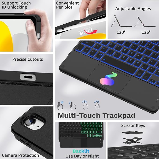 MoKo Touch Keyboard Case for iPad (A16) 11th Generation 11 inch 2025, iPad 10th Generation 10.9 inch Case with Pencil Holder, 7 Colors Backlit Multi-TrackPad Detachable Bluetooth Keyboard, Black