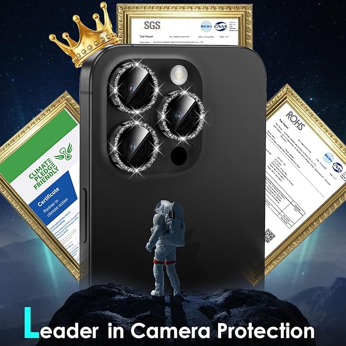 YWXTW Designed for iPhone 15 Pro/iPhone 15 Pro Max Camera Lens Protector Bling, [New Glitter Design] Individual Metal Tempered Glass Camera Cover Accessories Case Friendly (Black Titanium Glitter)