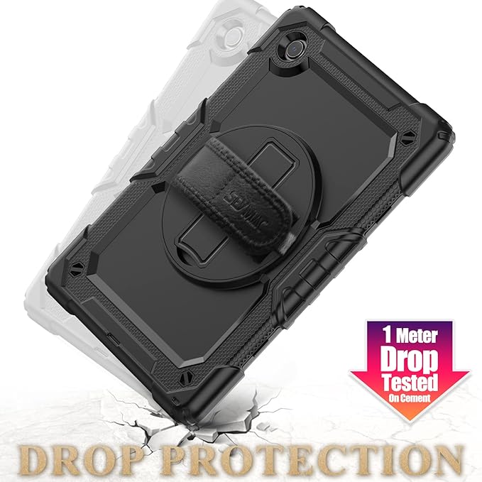 SEYMAC stock Case for Samsung Galaxy Tab A9 8.7'', Full-Body Drop Protection Case with Screen Protector Pencil Holder [360° Rotating Hand Strap] &Stand, Black