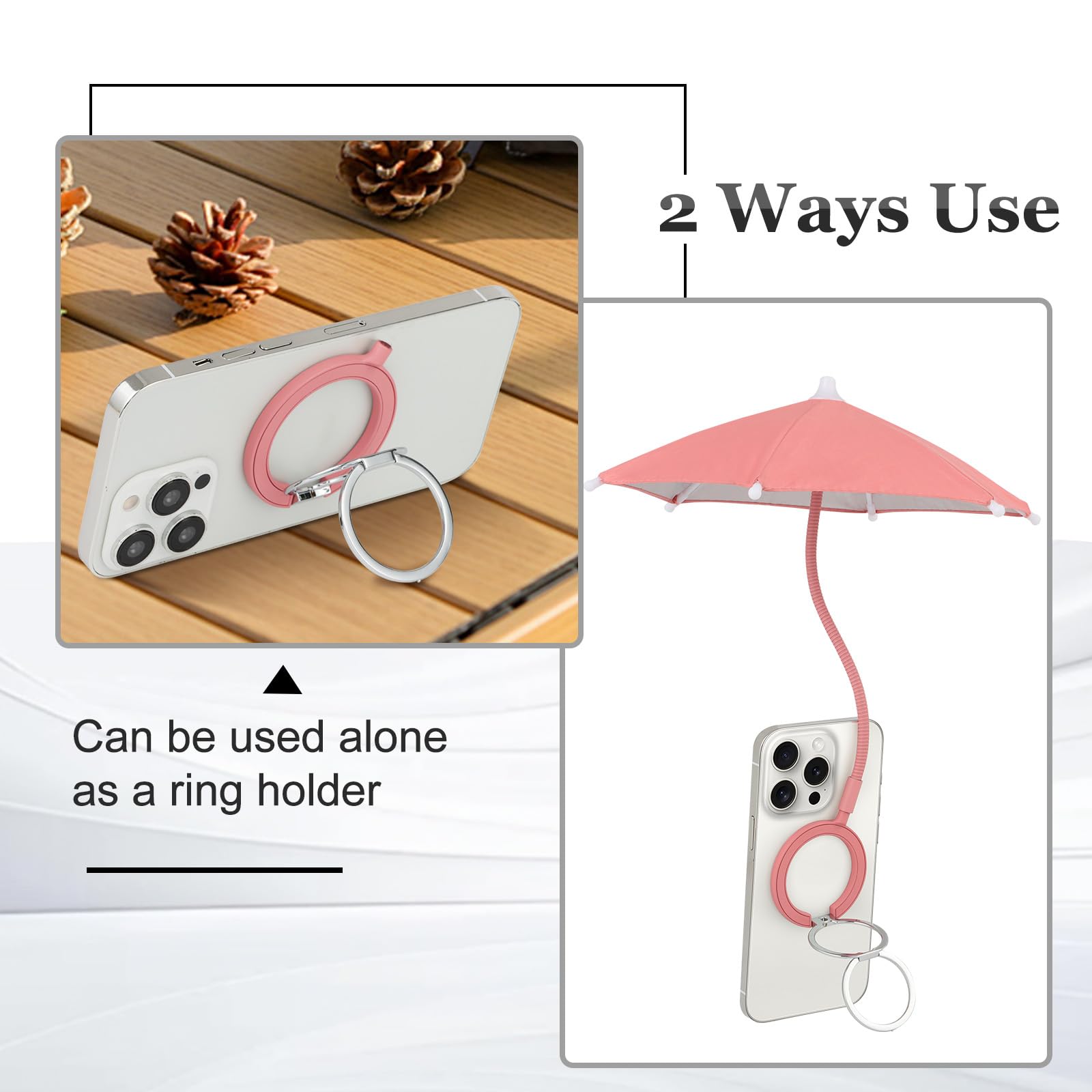Magnetic Umbrella Phone Stand for Sun Protection,Adjustable Sun Shade Shield for iPhone 16/15/14/13/12 Pro Max,Samsung & Google,Detachable Ring Stand,Heat-Resistant Design,Car Mount Compatible, Pink