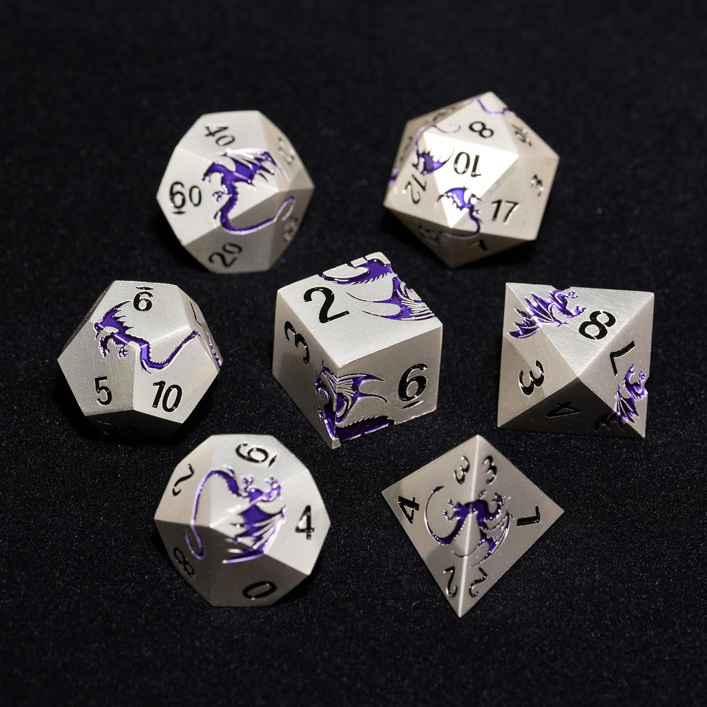 HNCCESG Metal Dice Set,7-Piece Dragon Dice for DND and RPGs,Silver Purple