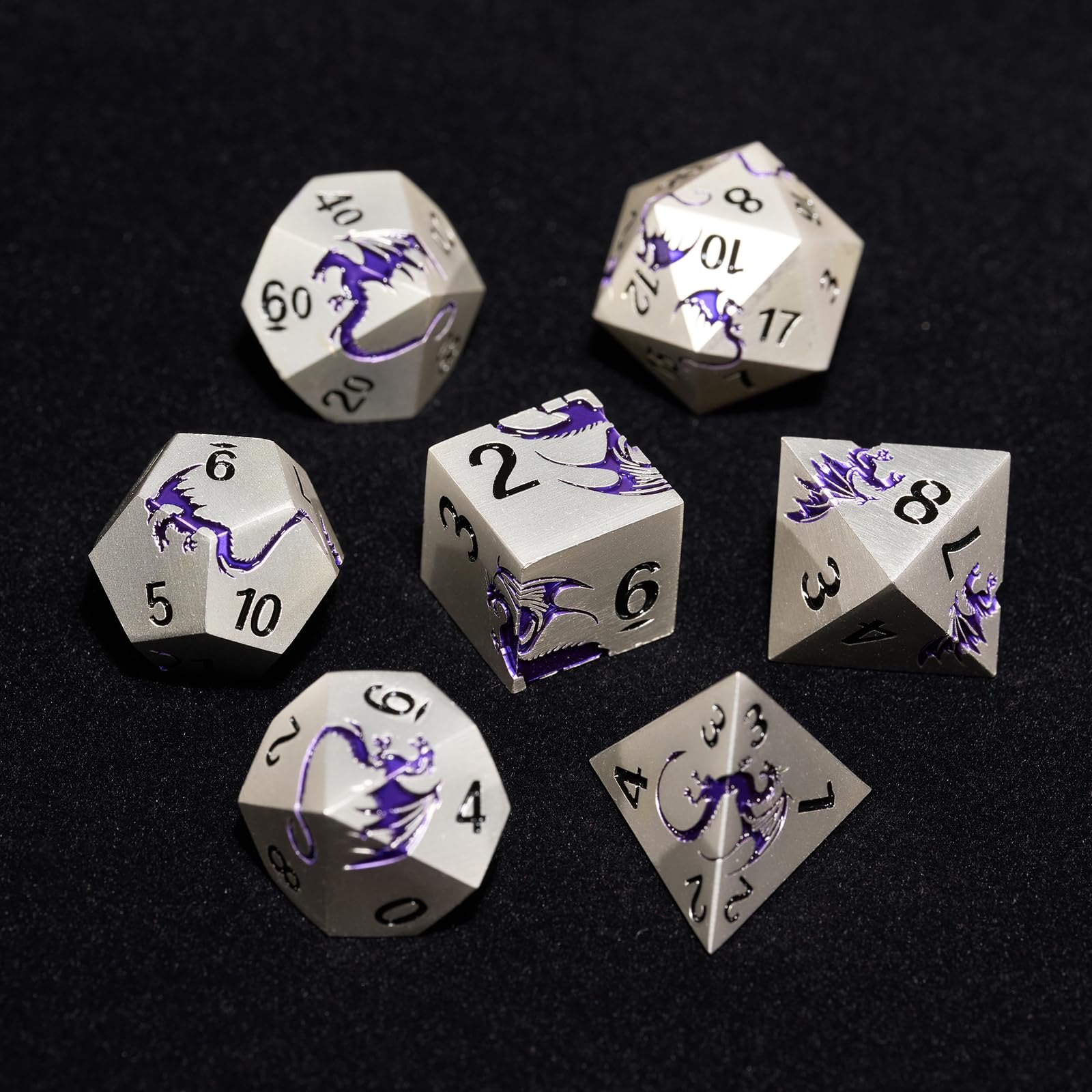 HNCCESG Metal Dice Set,7-Piece Dragon Dice for DND and RPGs,Silver Purple