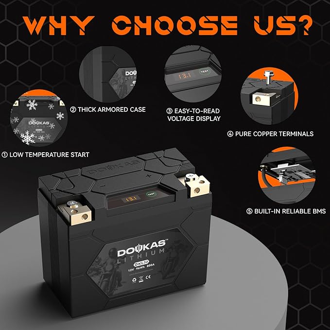 DKL30 800A LiFePO4 Motorcycle Lithium Battery, 12V 8Ah Powersports Battery, Compatible Jet Ski, Quad, Lawn Mower, Scooter, Generator Battery, Snowmobile