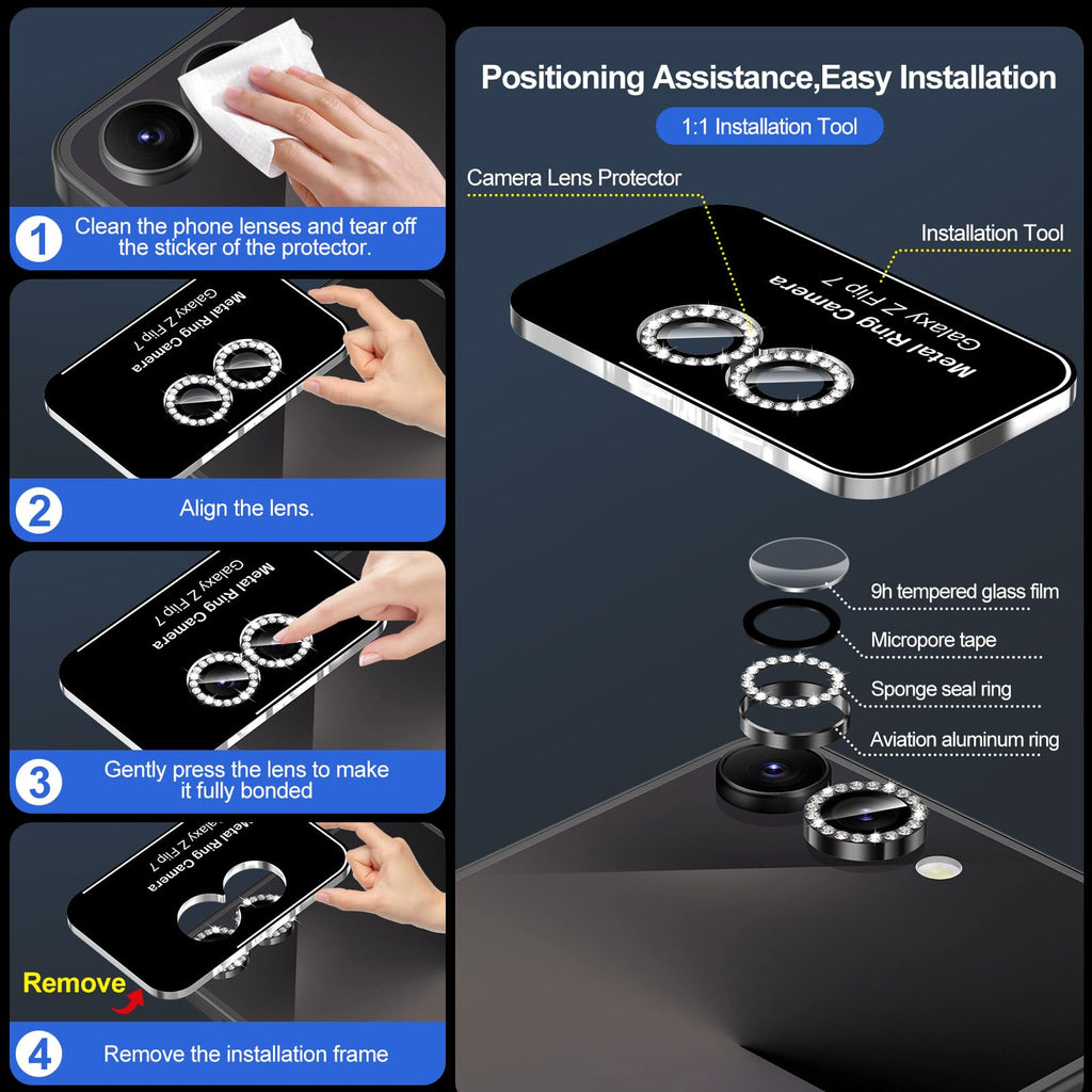 Avocase for Samsung Galaxy Z Flip 7 Camera Lens Protector, Individual Metal Ring Tempered Glass Lens Cover, [Strong Adsorption] Scratch Resistant Ultra-Thin HD Clear Lens Cover, 1 Set-Black Diamond