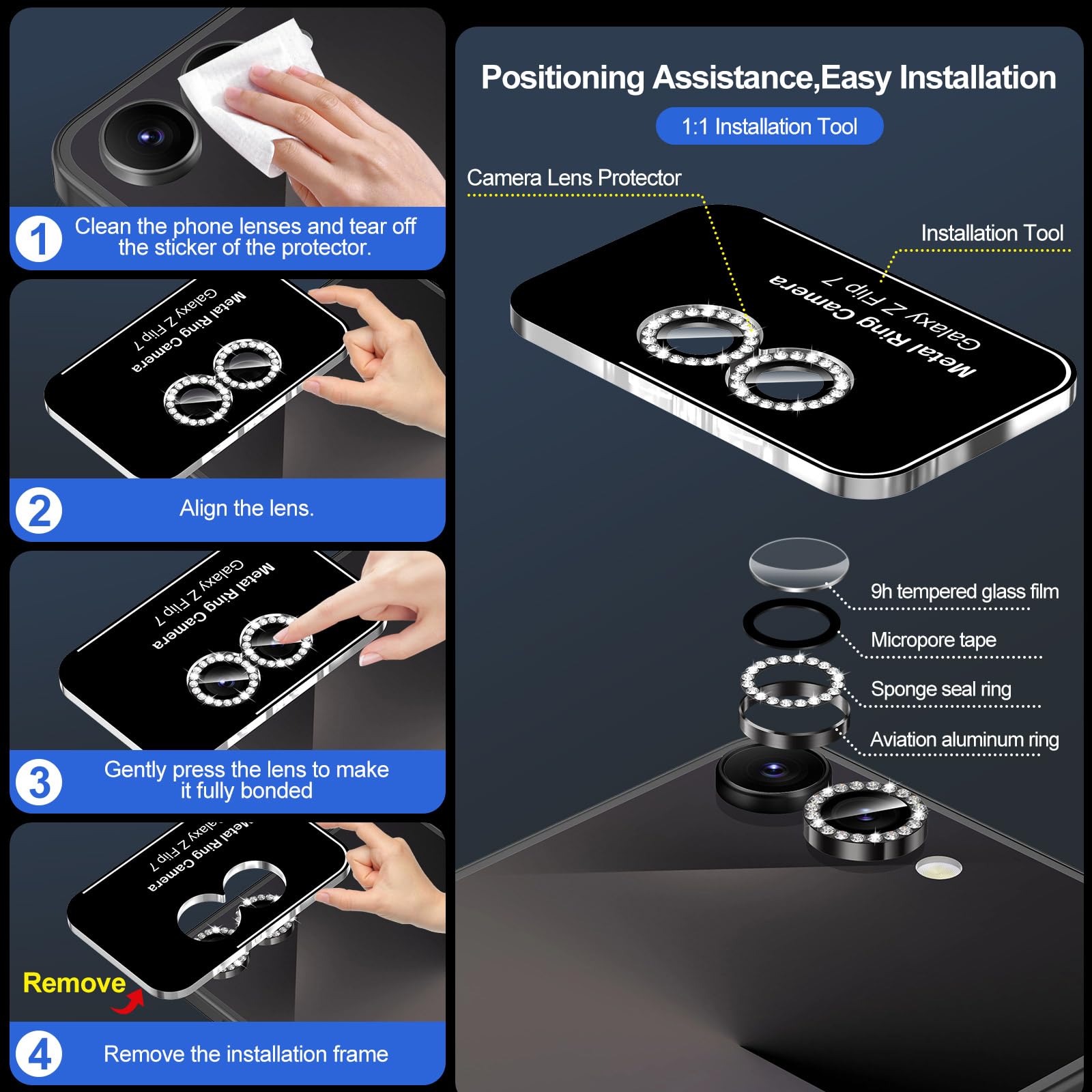 Avocase for Samsung Galaxy Z Flip 7 Camera Lens Protector, Individual Metal Ring Tempered Glass Lens Cover, [Strong Adsorption] Scratch Resistant Ultra-Thin HD Clear Lens Cover, 1 Set-Black Diamond