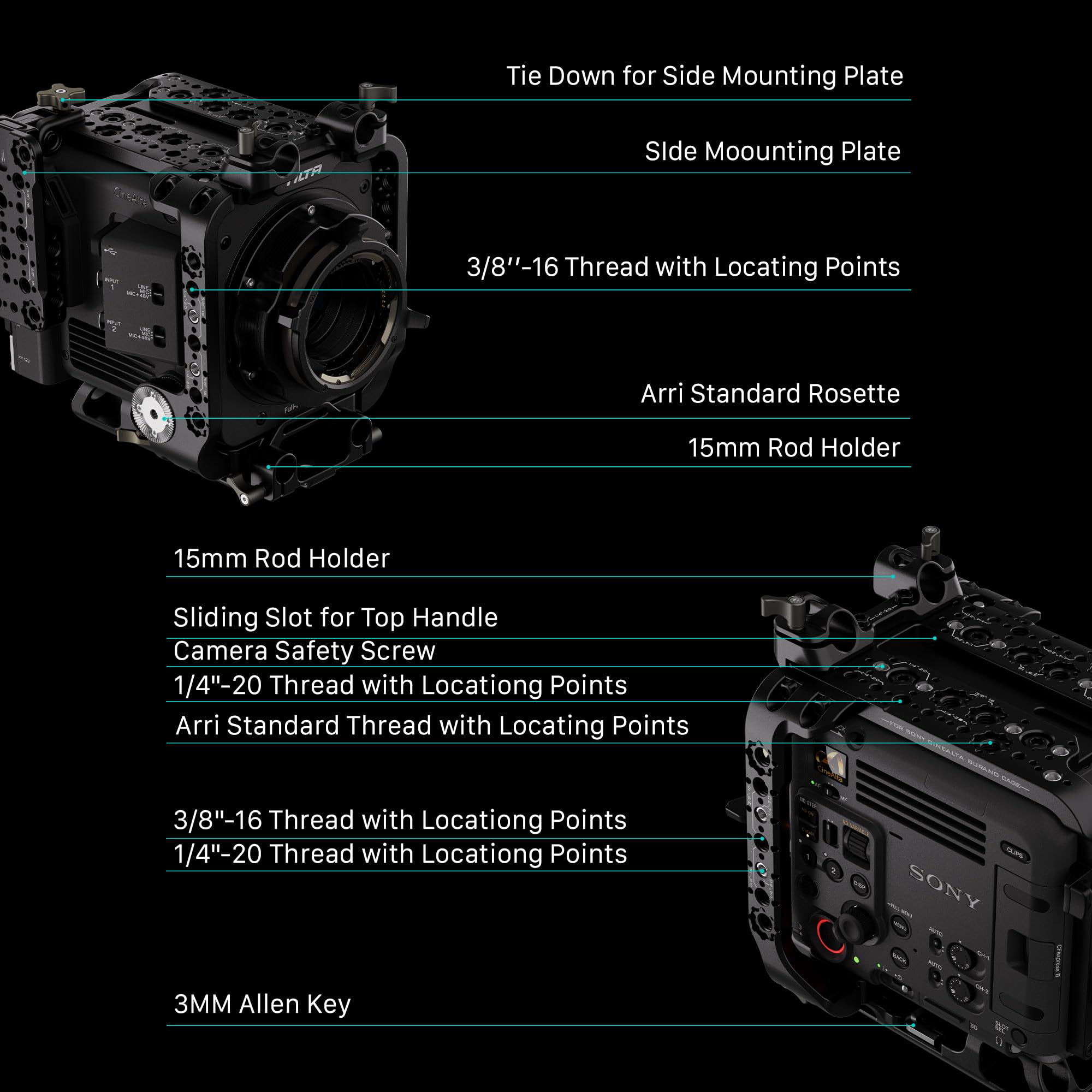 Tilta Camera Cage Compatible with Sony BURANO | Arri Rosettes, 1/4"-20 and 3/8"-16 Threads | w/Top Handle, Left/Right Side Arm, Battery Plate (Advanced Kit - V Mount)